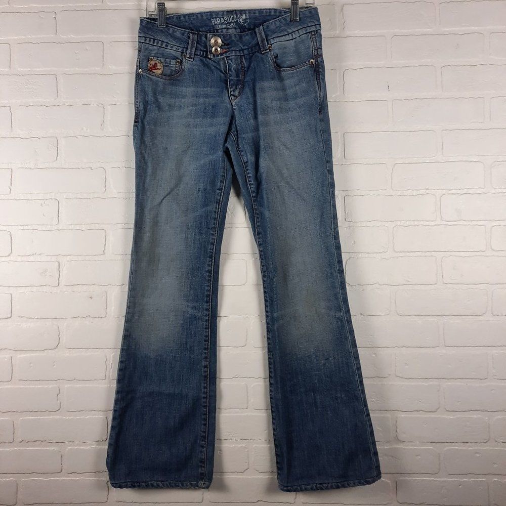 Y2K Vintage 90s Parasuco Denim Cult Lightwash Red Lion Tab Bootcut Jeans Size 28